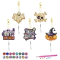 5-piece DIY Halloween diamond painting keychains with ghosts and pumpkin witch designs - Halloween Text Theme Style