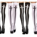 Halloween over-the-knee socks with gothic cross patterns in black and white colors - One Size / White Cross Sword
