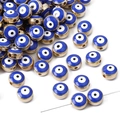 Flat round dark blue evil eye beads with gold metal frame for DIY jewelry making - 10 Pieces Pack / Gold Edge - Blue