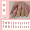 Sweet almond-shaped press-on nails with pink base, purple French tips, and floral patterns - W638 Matte Floral Mix (W638)