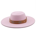 Close-up of pink wool fedora with brown leather band and silver metal rivets detail - M / Pink