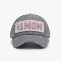 Close-up of distressed dark grey baseball cap featuring pink #1 MOM chenille embroidery - Adjustable / Light Gray