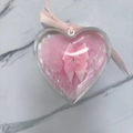 Pink plush heart-shaped powder puff with ribbon bow detail on white marble background - Heart Transparent Box/1pc / Pink