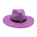 Purple wide brim western cowboy hat with ethnic braided band and metal bull skull ornament - Colorful Bull Head Ornament / Purple