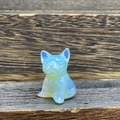 Opal crystal French Bulldog carving with iridescent blue-green shimmer finish - Opalite