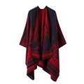 Detailed texture of red and dark blue knitted shawl with intricate jacquard stripe pattern - Navy Blue