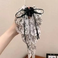 Elegant black claw clip featuring white floral chiffon bow and long ribbon tassels - White Blue Floral-Claw Clip
