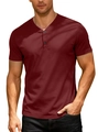 Men's breathable slim fit V-neck Henley T-shirt in burgundy with two buttons - S / Red