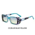 Blaue Schildpatt Sonnenbrille mit quadratischem Rahmen und blau-gelbem Farbverlauf - Blauer Musterrahmen Blau-Gelbe Gläser