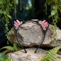 Detail of pink crystal cat ear headband with handmade wrap on mossy forest rocks - AB Red Cat Ears