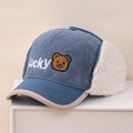 Berretto invernale blu per bambini con paraorecchie in lana e ricamo dell'orso - Bambini circa 3-10 anni / Blu
