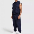 Men's sleeveless hoodie and joggers set in deep blue with subtle floral texture - S / Black