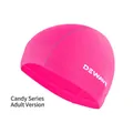 Rose red nylon swim cap for adults featuring high elasticity and white logo print - Candy Neon Pink Adult