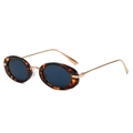 Retro oval tortoiseshell sunglasses with slim gold metal temples on white background - Leopard Frame Grey Lens
