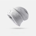 Thick light gray knitted beanie with a white square 'L' letter patch for winter warmth - Embroidered L-Grey