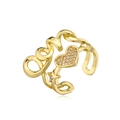 Gold plated open ring with Love script, heart crystal, and star accent on white background - Adjustable Open / Love Letter Heart Star Style(12656) / Gold