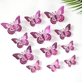 Set of 12 gradient pink 3D hollow butterfly wall stickers with metallic luster finish - Single Layer-Rose Red Style 1