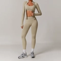 Three-piece seamless beige yoga set with sports bra, zip jacket and high-waisted leggings - S / Jacket + Bra + Leggings / Terracotta
