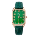 Detail of green leather strap and square rose gold watch face with quartz movement - Green Full Numeral Face
