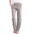 Détail du pantalon en lin uni avec taille élastique à cordon et poches latérales - S / Gris clair