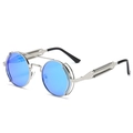 Steampunk sunglasses with blue lenses and silver metal frame featuring spring temples - Ready Stock / Standard Silver Frame with Ice Blue Lenses