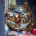 Christmas acrylic disc ornament featuring Santa Claus with a reindeer and snow village - 15x15cm