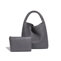 Dark grey hand-woven shoulder bag and matching zipper pouch set in premium leather finish - Warm Gray