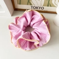 Oversized pink and white plaid scrunchie with yellow trim in balletcore style - Oversized Pink Plaid