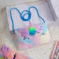 Close-up of rainbow plush unicorn bag with sequin horn and woven shoulder strap - Tie Dye Blue