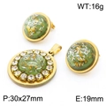 Set di gioielli cuore in resina dorata con gemme verdi e inclusioni bianche - Set Verde con Foglia d'Oro e Strass (KS201189-GG)