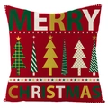 Linen Christmas pillowcase featuring red background with festive trees and Merry Christmas text - Red Six Christmas Trees with Text