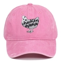 Detailed view of pink washed cotton baseball cap with chicken mama embroidery - Adjustable / Pink