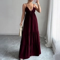 Elegant wine red tiered maxi dress with deep V-neck and spaghetti straps for women - S / Burgundy