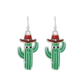 Cartoon cactus earrings with red glitter cowboy hats and green enamel finish - Anthropomorphic Cactus Western Cowboy Hat Style (X469)