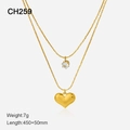 Double-layer 14K gold plated necklace with heart and rhinestone pendants in gold finish - Layered Smooth Heart Rhinestone / Gold