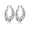 Chic silver hollow oval earrings with textured ripple design and metallic luster - Plum Pattern Hollow (MS-242) / Steel