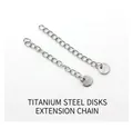 Macro detail of stainless steel extender chains with S.steel engraved round tags - No Clasp Round Plate Extension Chain (Silver)