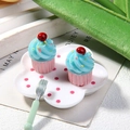Miniature resin blue cupcakes with cherry topping on a white plate with a green fork - 1.5x1.5cm / Pink Base with Dots