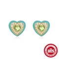 925 Sterling Silver Heart Stud Earrings with Blue Enamel and Green Gemstone Detail - Gold Teal Enamel Heart with Green Zircon
