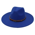 Close-up of royal blue fedora hat with brown velvet band, metallic beads, and gold feather charm - Adult (57-60cm) / Royal Blue Heart (Gold Feather)