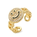 Punk style adjustable gold-plated ring featuring a zircon-studded smiley face and chain band - Adjustable Open / Full Zircon Chain Smiley