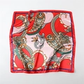 Detailed close-up of paisley pattern on a red and pink satin silk square scarf - 90x90cm / Red (FT265-2)