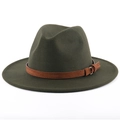 Dark green wool fedora hat featuring a brown suede band with metal buckle detail - Army Green