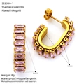 Detail view of 18k gold plated U-shaped earrings with pink zircon and 24mm size specs - Pink