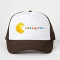 Close-up of solar system planet print on mesh trucker hat with adjustable brown brim - One Size / Coffee