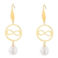 Infinity loop hollow earrings in gold finish with elegant hanging round white pearls - Gold Infinity (KE80054-GC)