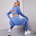 Seamless sky blue high waist yoga set with heart cutout back and ribbed texture fabric - S / Blue