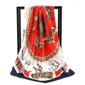 Equestrian print satin silk scarf in red white and navy with vintage horse pattern - Steed Harness Red Base Navy Edge (SD90-12-4)