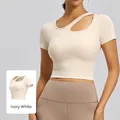 Ivory Weißes Yoga-Crop-Top für Damen mit ausgeschnittenem Ausschnitt und hoher Elastizität - S / Elfenbein