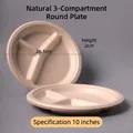 Eco-friendly 10-inch 3-compartment sugarcane pulp plate in natural brown, 26.1cm diameter - 10 Inch 3-Compartment Plate Thickened / Natural